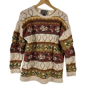 Vintage Forenza Retro M Chunky Knit Ramie Cotton Sweater Earthy Geometric